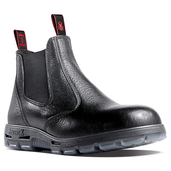 Introducing the Redback USBBL Bobcat Safety Toe: a black leather ankle boot with elastic side panels, red detailing, and a pull tab at the back. Handmade in Australia, it boasts a sturdy, treaded sole and proudly features "RED BACK" embossed on the side.