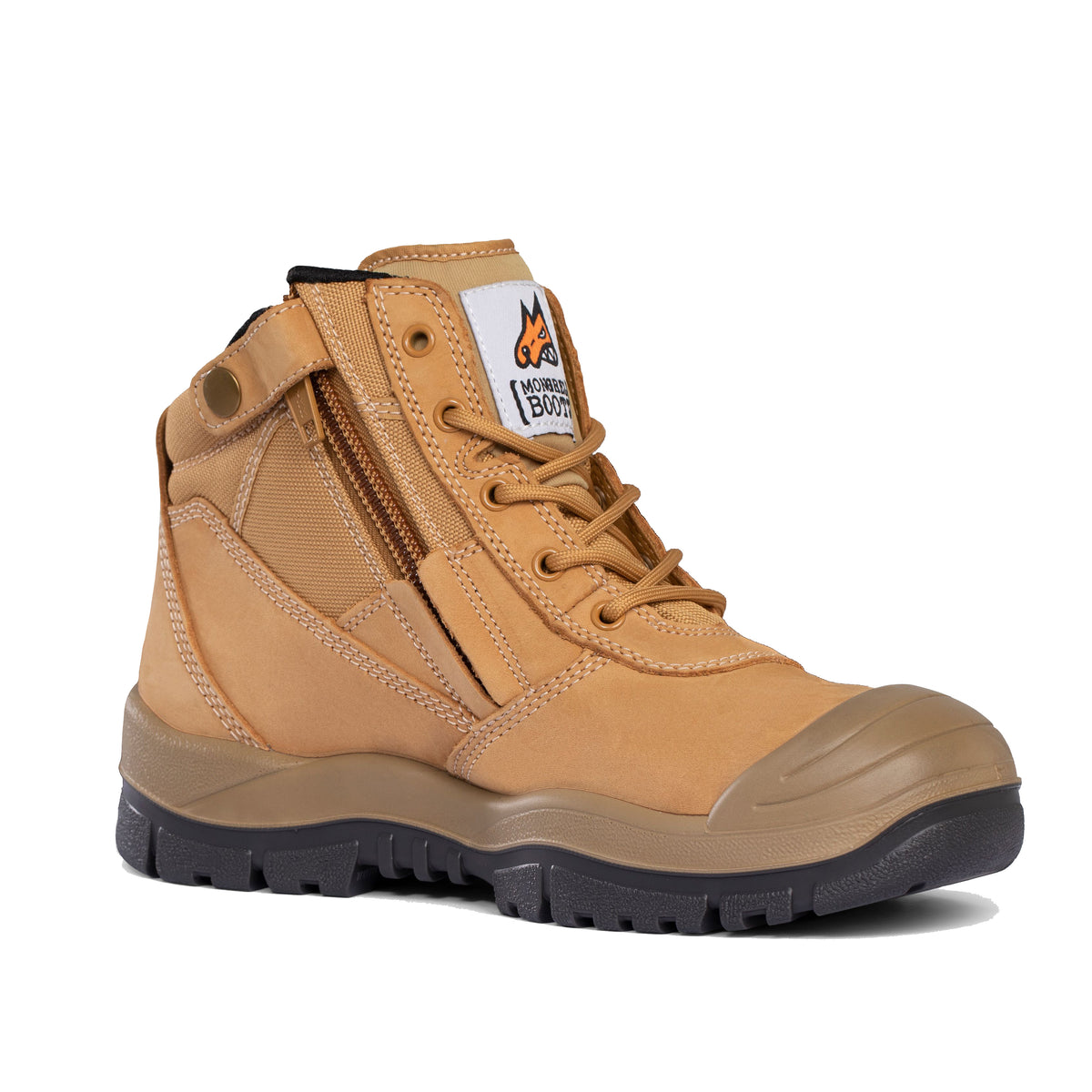The Mongrel ZipSider Safety Boot Scuff Cap 461050 is a tan work boot equipped with a side zipper and front laces. It boasts a rugged, slip-resistant sole for excellent traction and features an orange flame logo on the tongue. Made with durable materials and reinforced with a steel toe cap, this boot is perfect for heavy-duty activities. Proudly made in Australia.