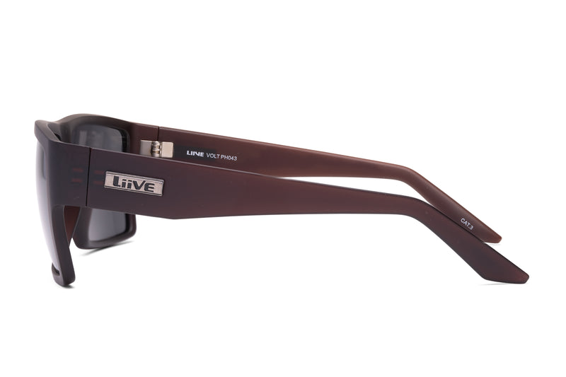 Side view of Liive Volt Sunglasses shows thick arms and a small metal logo offering great UV protection. Dark tinted polycarbonate lenses, with the brand "liive" and model "Volt PHG3" visible inside the arm.