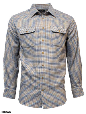 The Vonnella Neat Shirt is a long-sleeve button-up featuring a checked pattern in shades of brown. This comfortable shirt includes two front chest pockets with button closures and brown buttons running down the front. The text "BROWN" appears at the bottom left corner of the image.