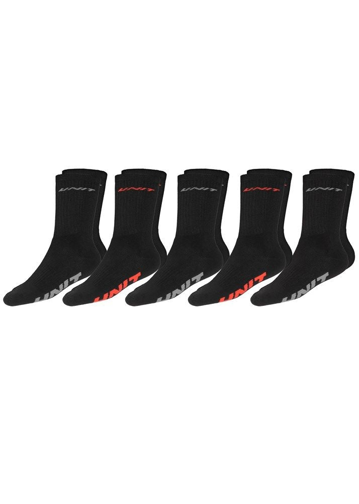 Image shows five pairs of the UNIT Conduct 5 Pack Socks arranged in a row. The black crew-length socks feature "UNIT" written in white or red on the soles and in a smaller, subtle font near the top. Ideal for sports or casual wear, these socks offer quality comparable to premium bamboo socks.