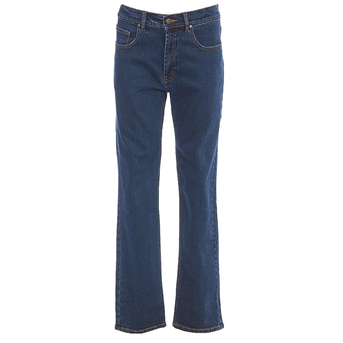 Introducing the Workmate Premium Stretch Jeans: a pair of blue denim jeans with a classic straight-leg cut. These comfortable jeans boast front and back pockets, along with a button and zipper closure. The fabric features a slight fade, giving it a well-worn look perfect for any workmate.