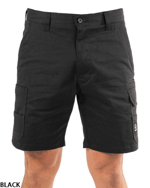 A person wearing UNIT Demolition Stretch Cargo Shorts made from durable stretch fabric with button-closure cargo pockets and a small logo patch on the lower right pocket; only the shorts and part of their legs are visible.